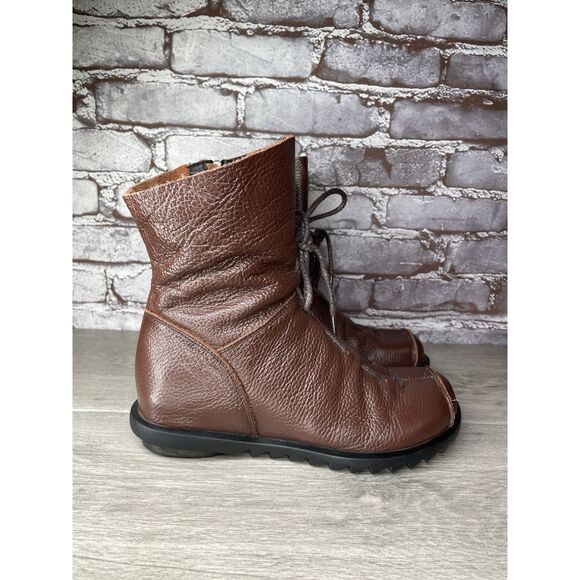 Hin Rui VTG Brown Leather Ankle Boots Rope Laces Side Zip Women 8.5M US/39EU 250 - Picture 4 of 16
